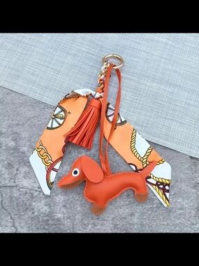 Orange Dachshund Bag Charm Keychain with Scarf and Tassel